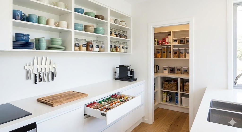 Căn bếp được sắp xếp gọn gàng, khoa học