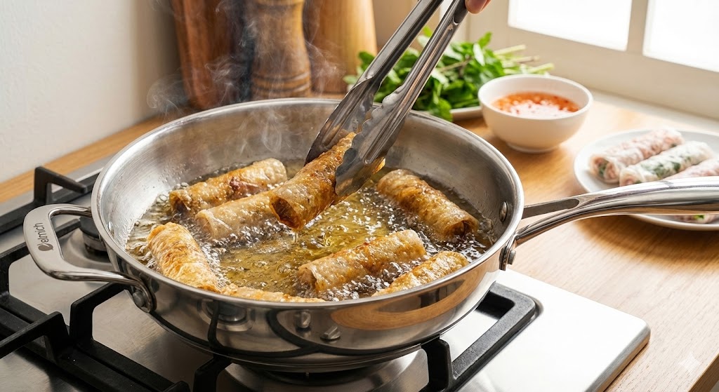 Chiên nem rán vàng giòn trên chảo Elmich