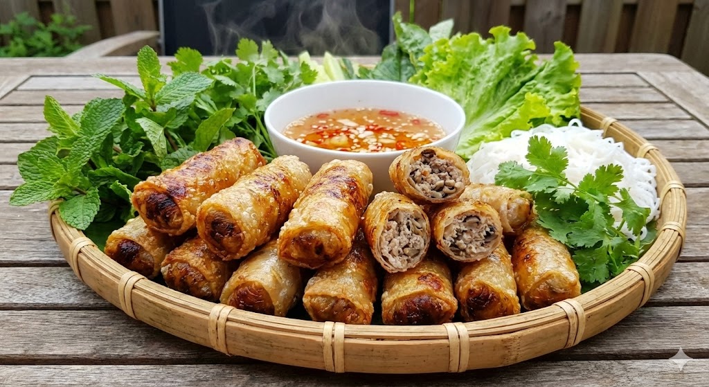 Mẹt nem rán vàng ươm, giòn rụm hấp dẫn