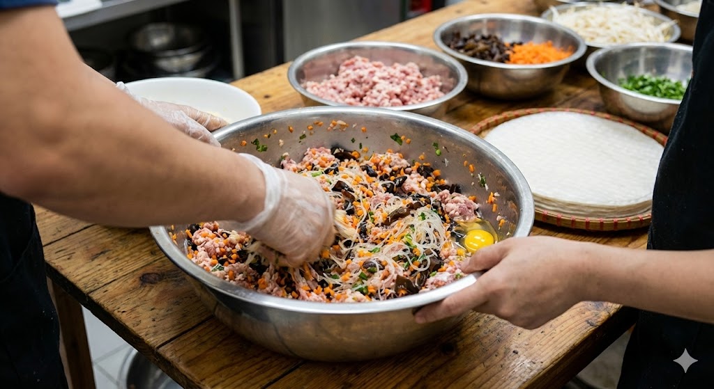 Trộn nhân nem rán trong thau lớn