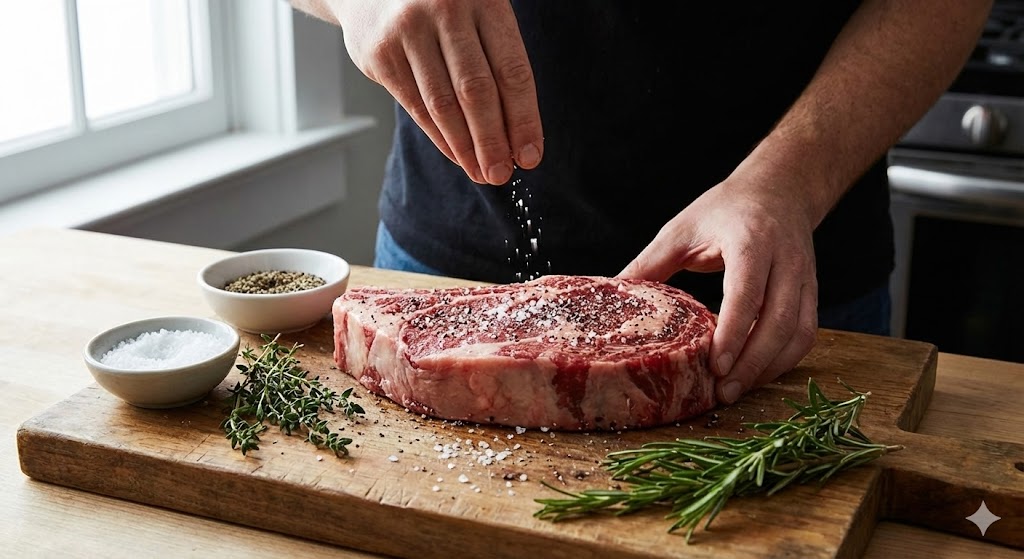 Ướp thịt bò với muối và tiêu